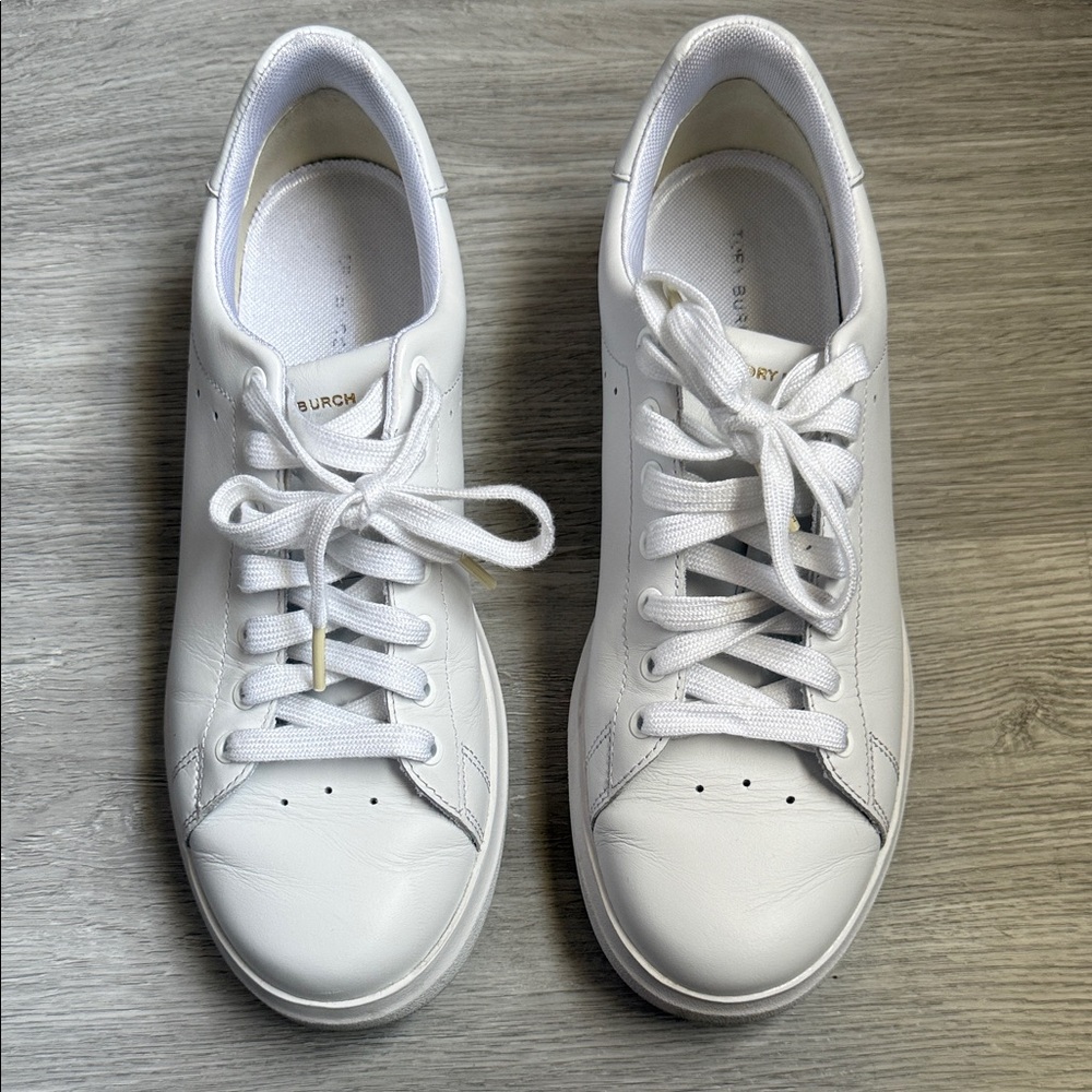 Tory Burch White Leather Lace-Up Sneakers with Gold Accents
